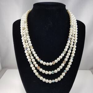 Vintage Faux Pearl Crystal 3 Strand Necklace Aurora Borealis Wedding Jewelry